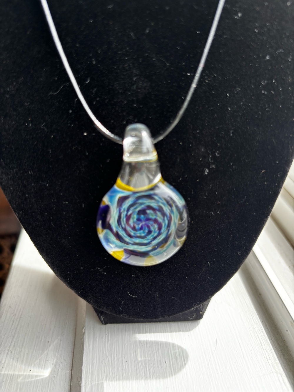 Artisan Glass Swirl Pendant Necklace - Blue Cord Chain Lobster Claw